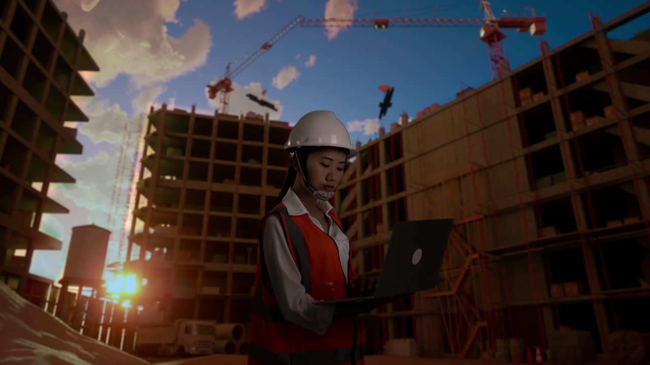 vista lateral de una ingeniera asiática con casco de seguridad trabajando en una computadora portátil y mirando a su alrededor mientras está de pie en el sitio de construcción, durante la puesta o salida del sol