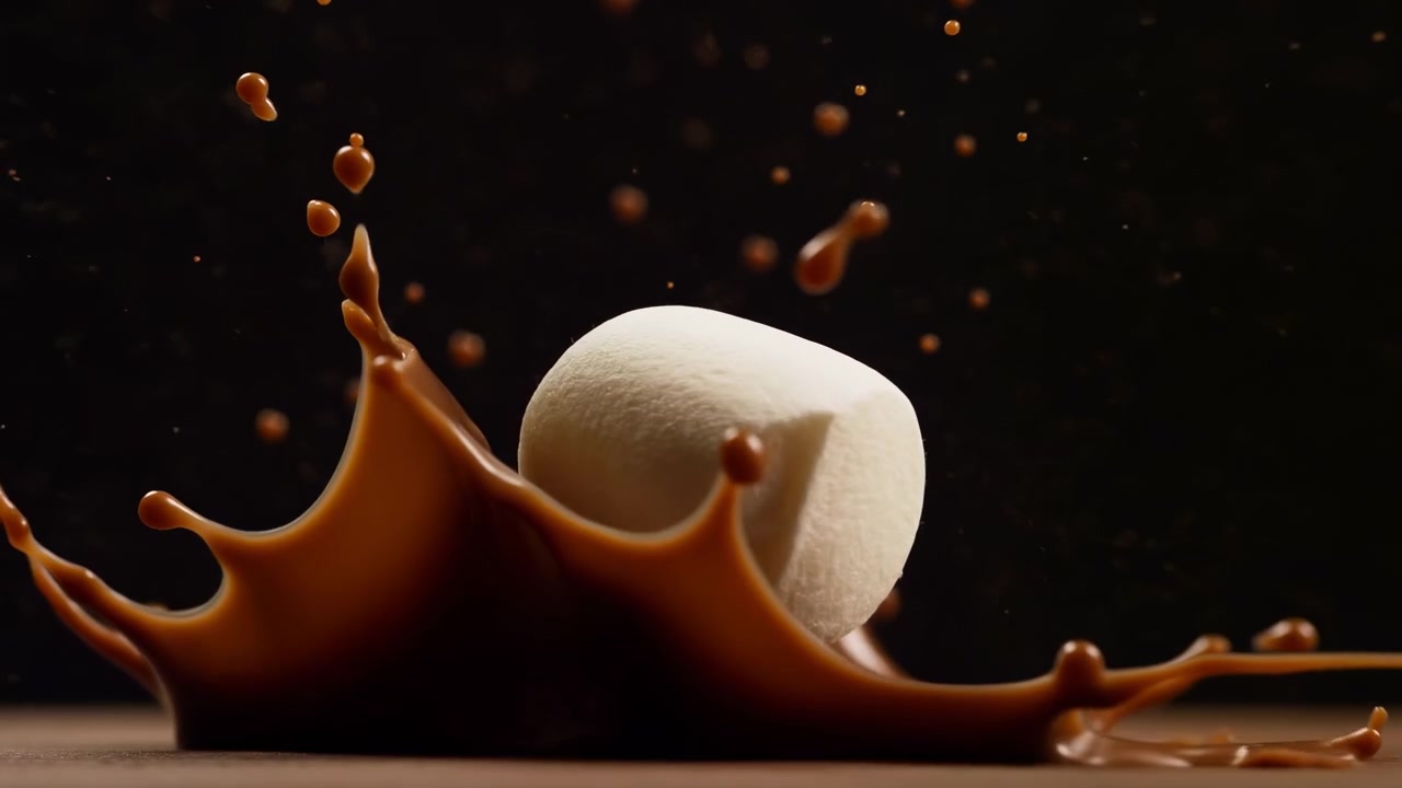 Un dolcetto bianco simile a un marshmallow si scontra con liquido di cioccolato lucido, formando uno schizzo a corona, goccioline sospese e archi alti su uno sfondo nero profondo con un drammatico contrasto da studio.