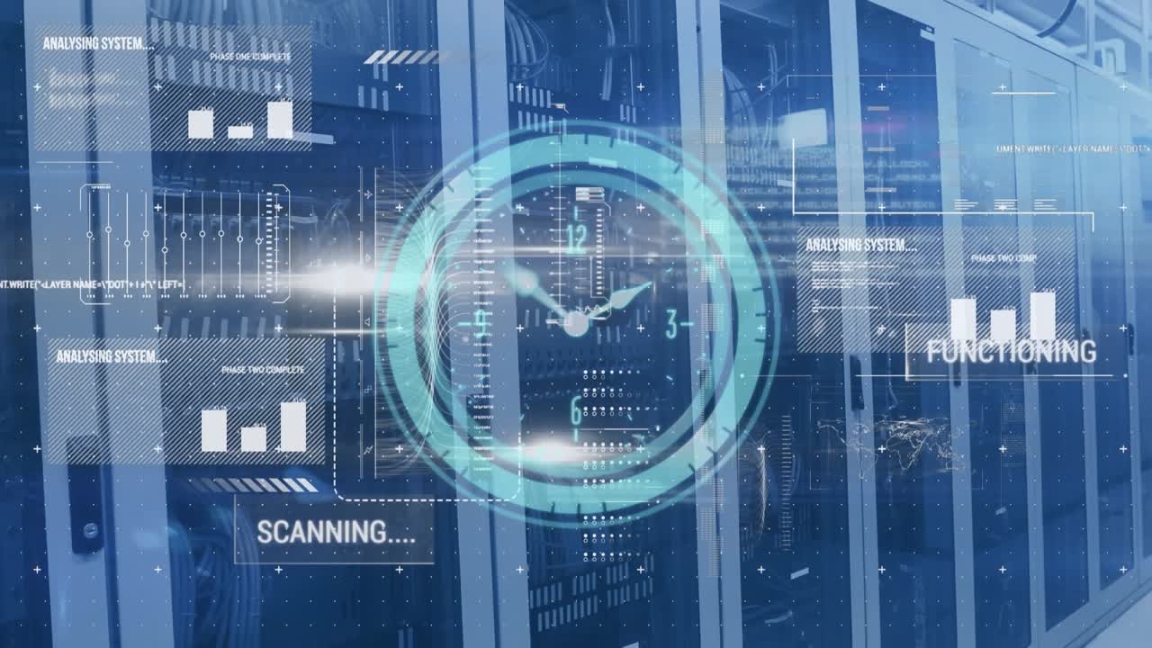 Animation of interface with data processing over neon ticking clock against computer server room