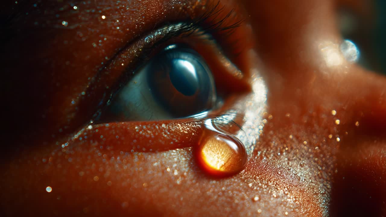 Intimate Close-up Capturing a Tear Rolling Down an Eye, Highlighting Emotional Depth and the Intricacies of Human Expression with Glittering Skin Reflections
