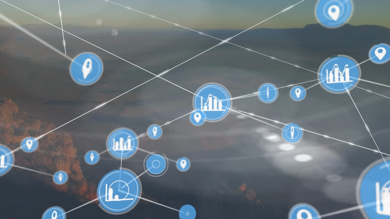 animación de una red de iconos digitales contra una vista aérea de un paisaje con montañas