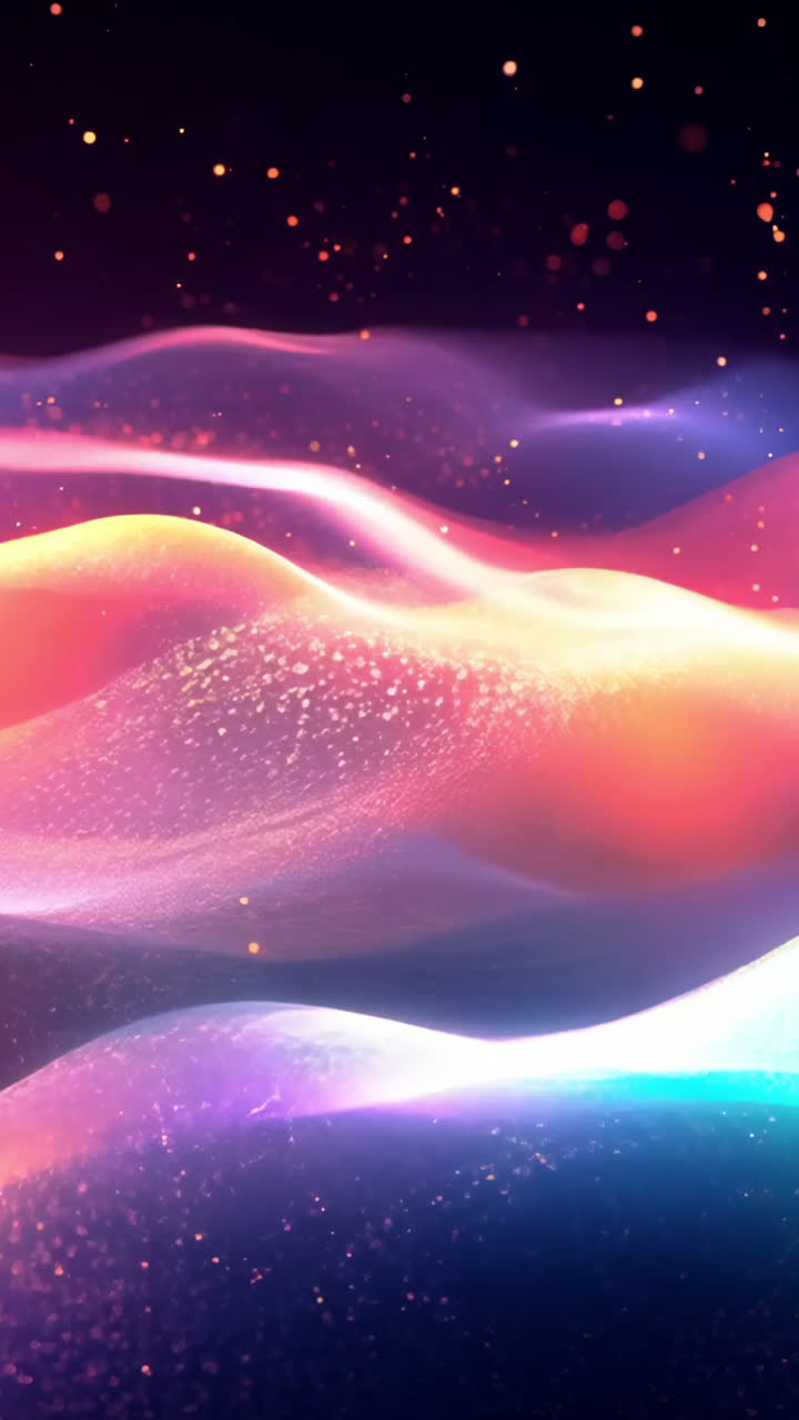 A colorful, glowing landscape with a purple and orange mountain range. The sky is dark and the mountains are illuminated with a bright orange hue