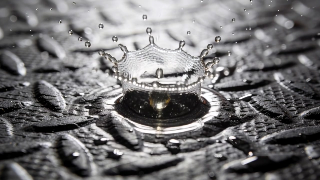 Goccia d'acqua che cade e colpisce una pozzanghera poco profonda su una piastra metallica antiscivolo, creando una corona e un getto verticale.