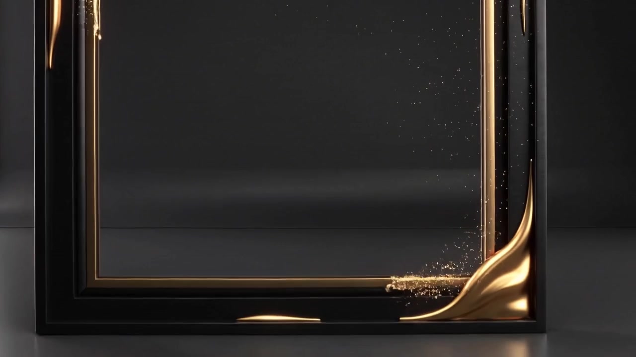 Une feuille d'or fondu émerge, se drapant sur un cadre carré noir en studio, libérant des étincelles scintillantes.