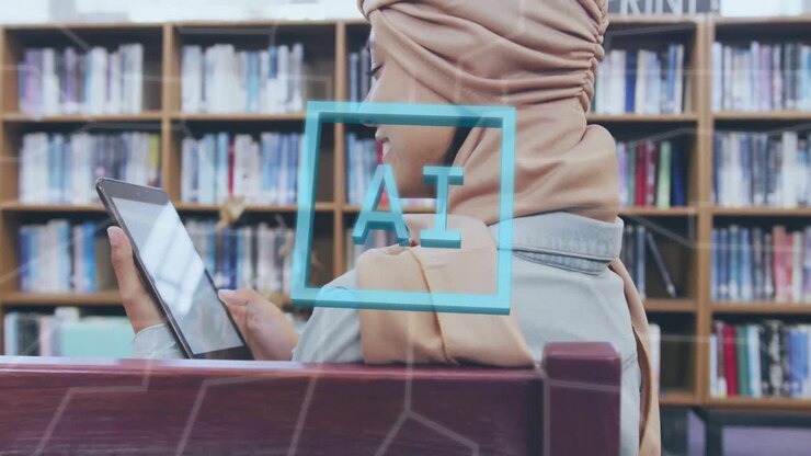 Animazione di testo e dati AI su studentessa birazziale con hijab e tablet