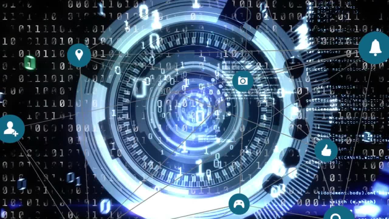 Animation of data processing and web connections and icons floating over circles on black background