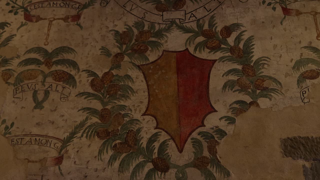 Detaljeret nærbillede af et gammelt heraldisk skjold og dekorative kunstværker på væggene af en historisk bygning i Bergamo.