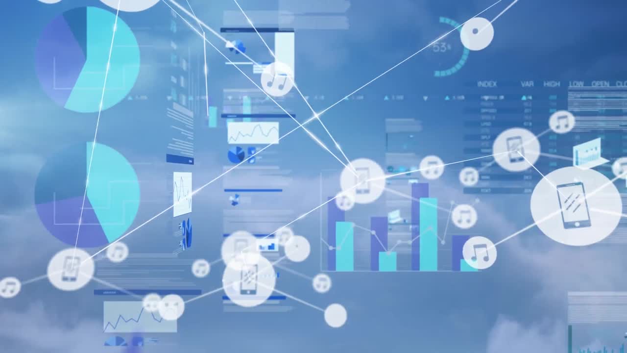 Animation of network of connections with icons over financial data
