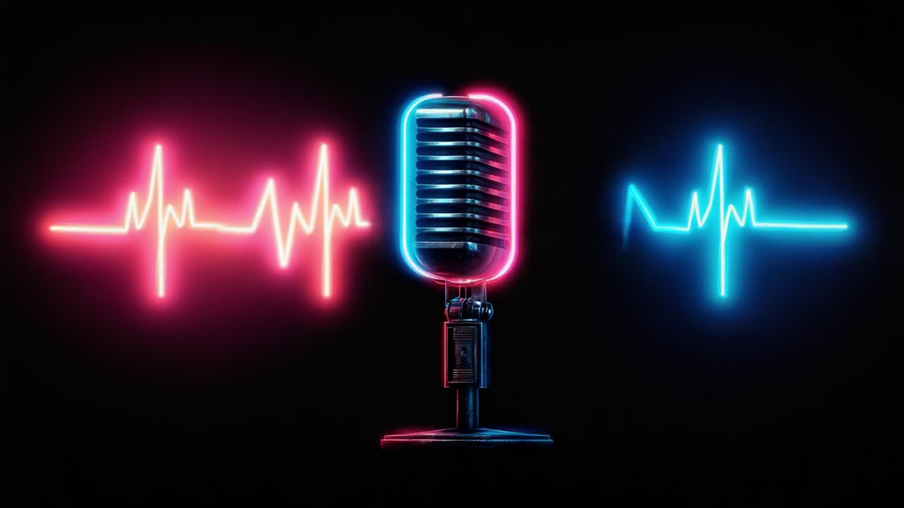 Dynamisk lydvisualisering: En klassisk mikrofon omgivet af levende neonbølger, der repræsenterer lyd, musik og energi i en fængslende fremstilling.