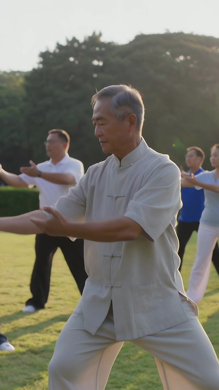Video verticale: Istruttore anziano che alza le braccia guidando il tai chi per una pratica di gruppo sul prato, in tunica.