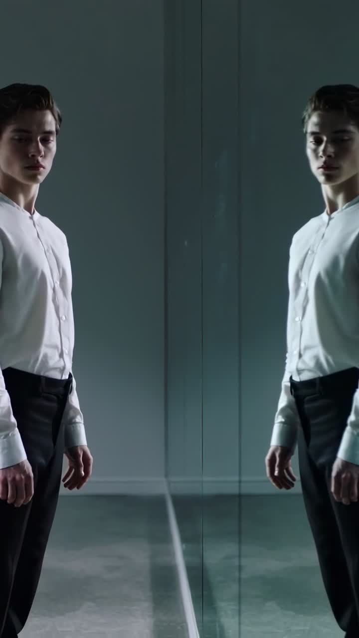 Vertical video: Standing man white shirt checking mirror across frames in studio near glass seam