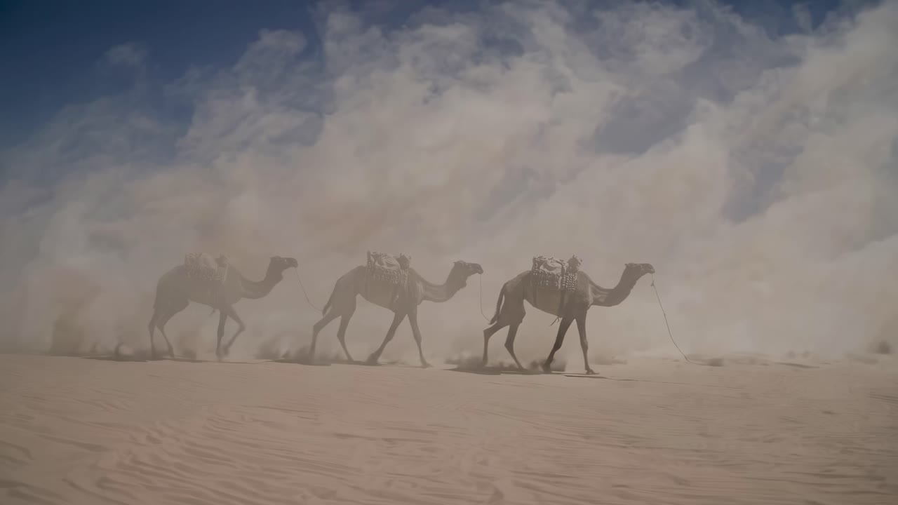 A video still of three camels walking in a desert, captured from a side angle