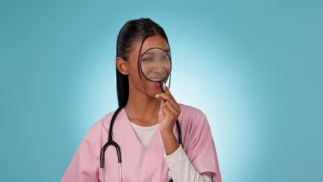 Doctor,-woman-and-face,-magnifying-glass