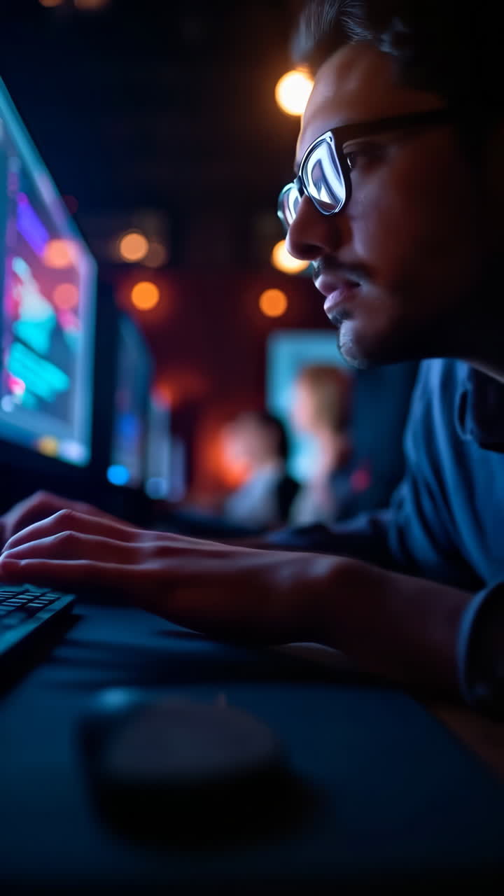 Person with glasses focused on computer screen in a dark room
