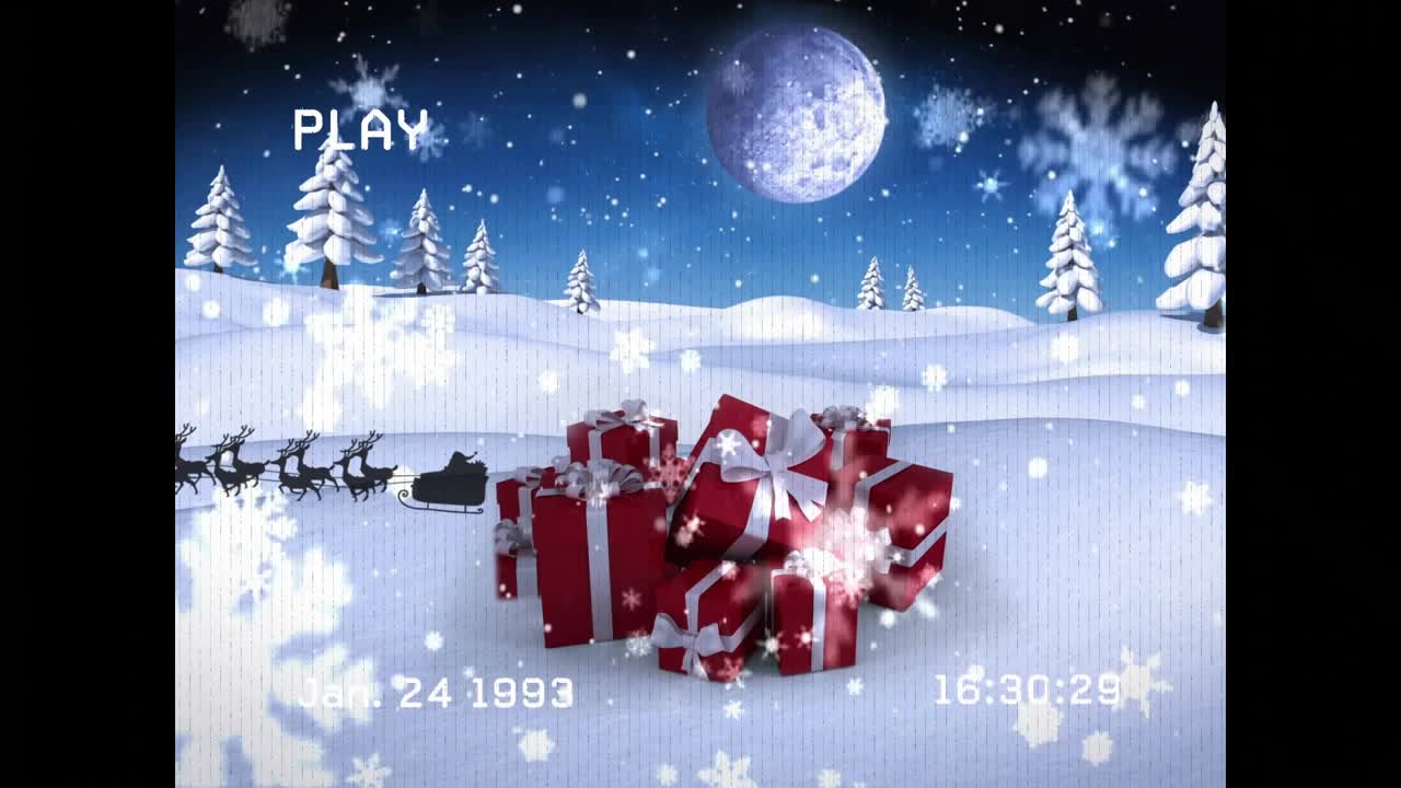 Retro VHS timestamp hitting 16 30 24 initiating sleigh gliding behind gift pile evoking magic