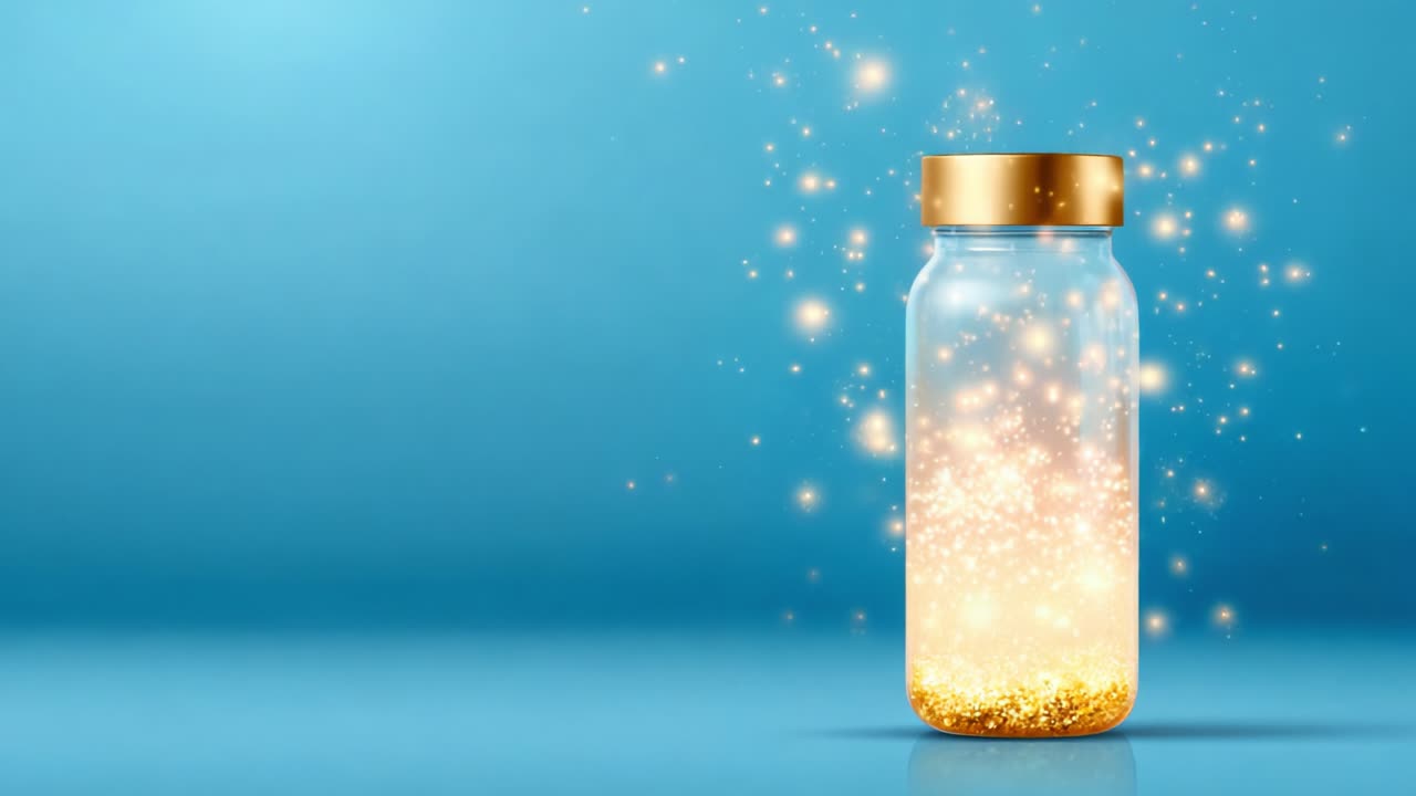 A mesmerizing glass jar filled with sparkling golden particles against a soothing blue background, evoking feelings of magic and wonder with its enchanting glow and shimmering effect