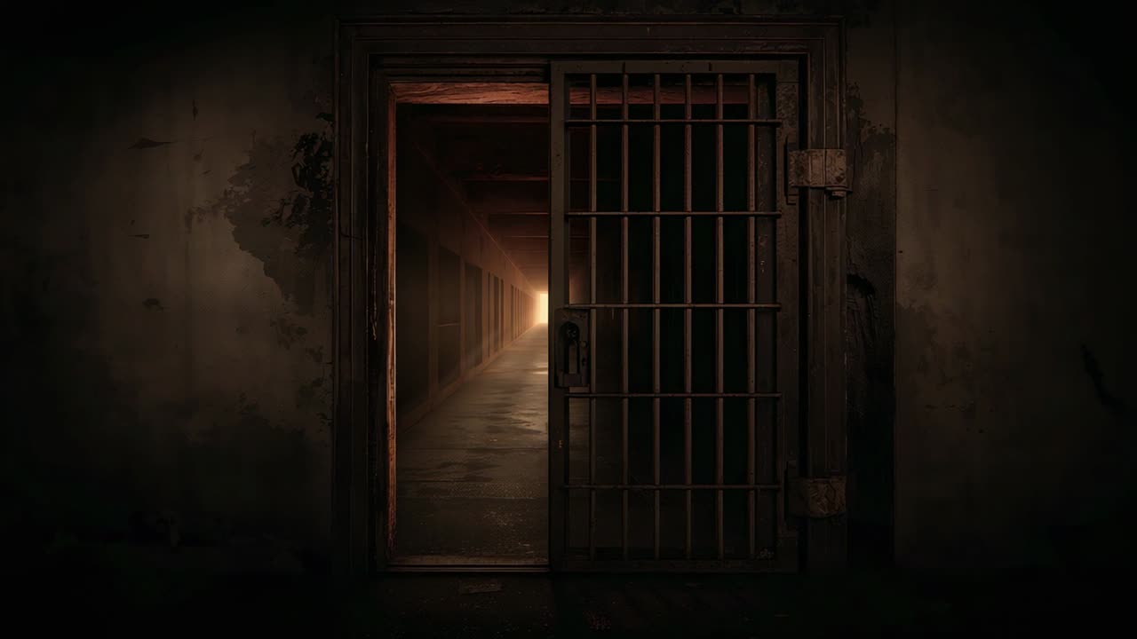 Revealing partly open barred cell door with lock framing aged corridor, far warm light brightening