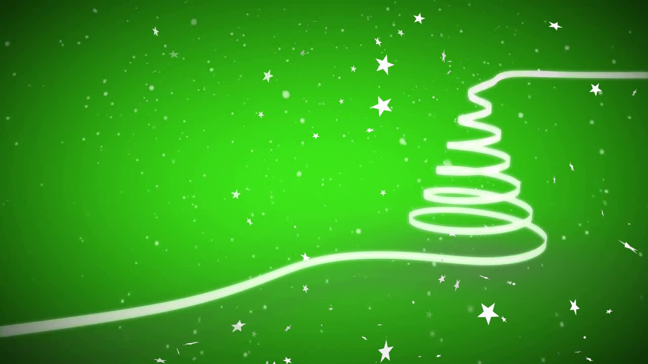 Animation of snow and stars over white ribbon forming christmas tree on green background