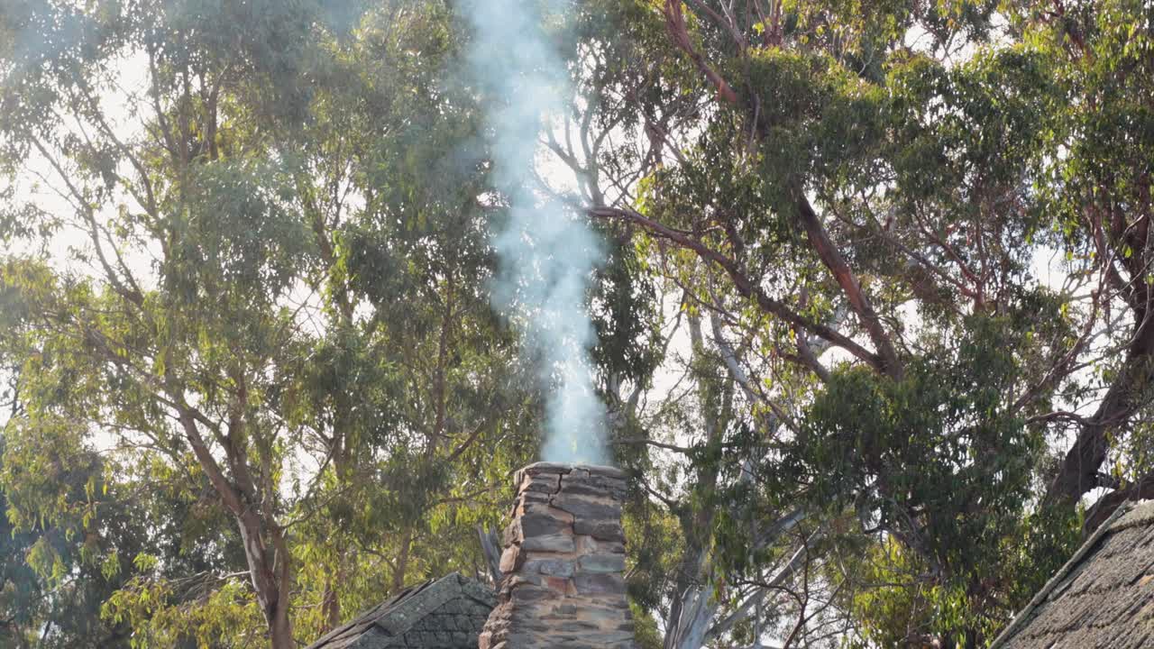 나무 가 있는 시골 집 의 굴 에서  연기가 아오르고 있다