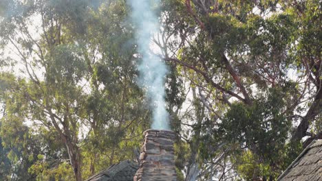 humo que se levanta de una chimenea en una casa rústica con árboles