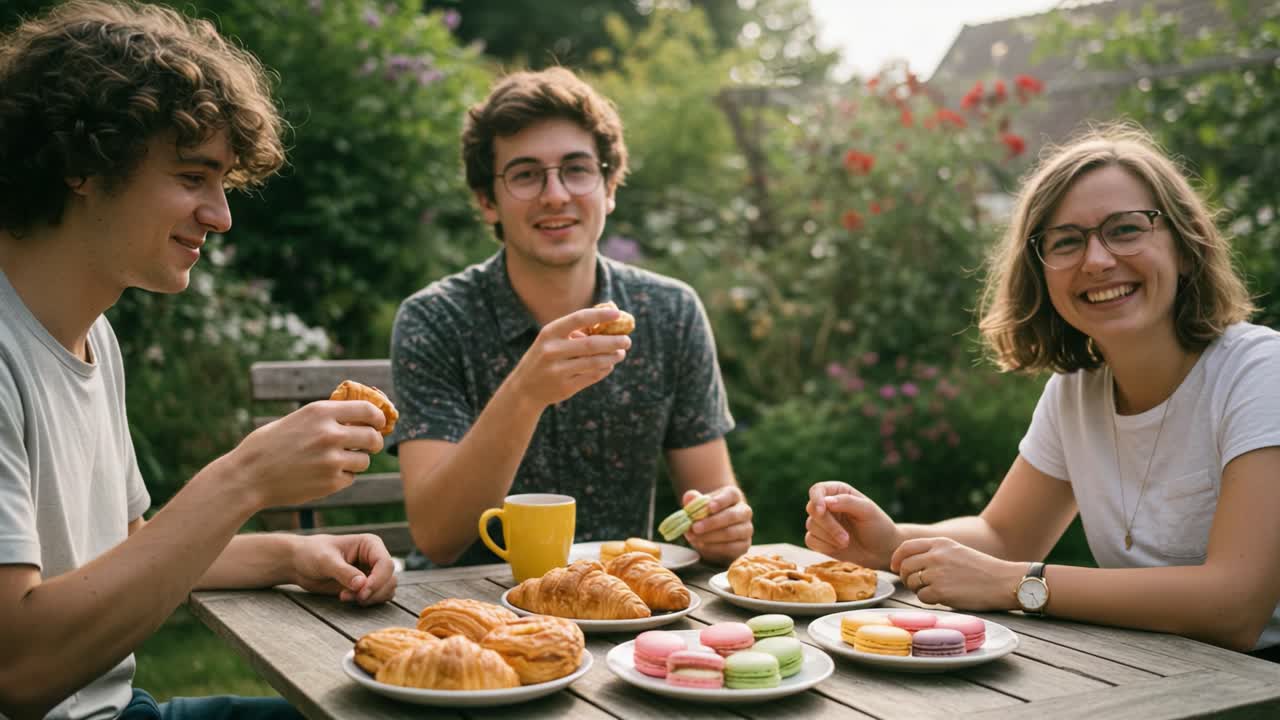 A Delightful Gathering: Enjoying Delicious Pastries and Desserts in a Cozy Outdoor Setting with Friends on a Sunny Afternoon