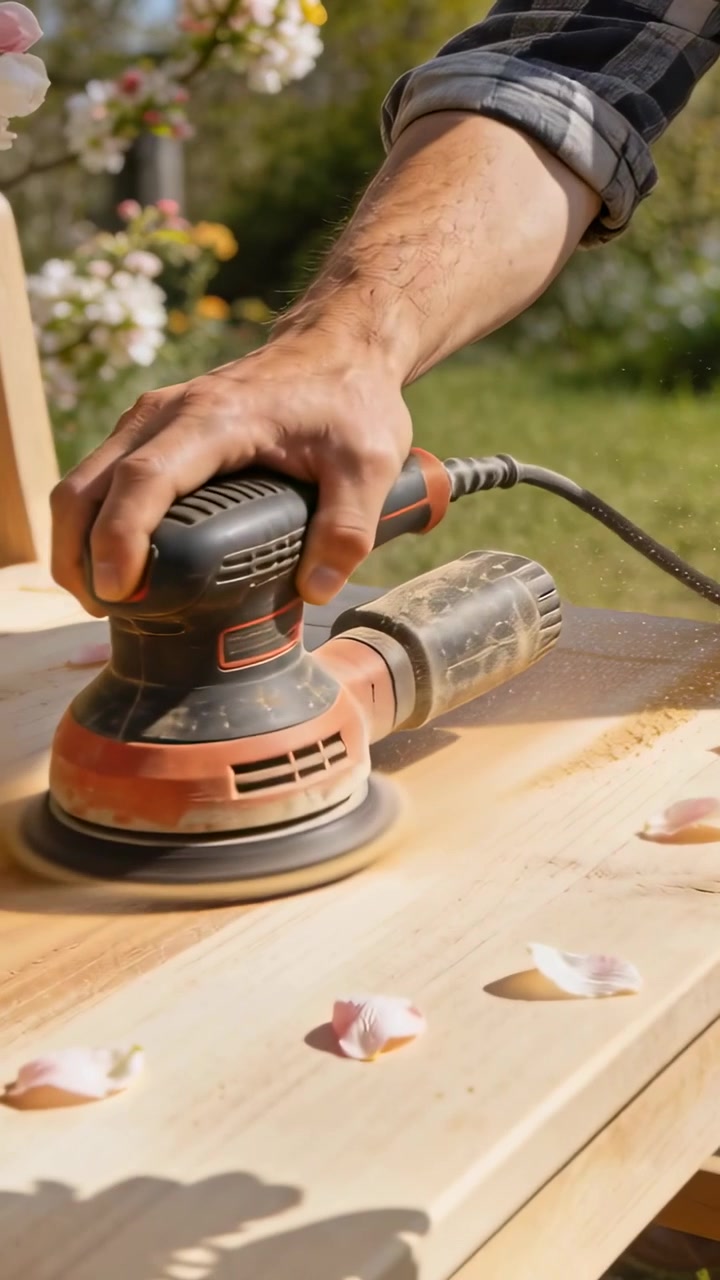 Vertical video: Powering sander, hand in plaid sleeve sanding plank in yard with petals, smoothing