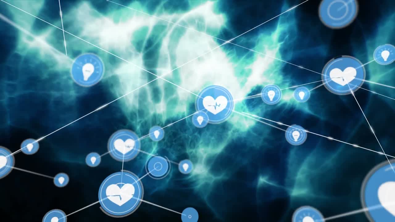 빛나는 추상적인 배경 위에 움직이는 선과 연결되는 심장 및 전구 아이콘의 애니메이션