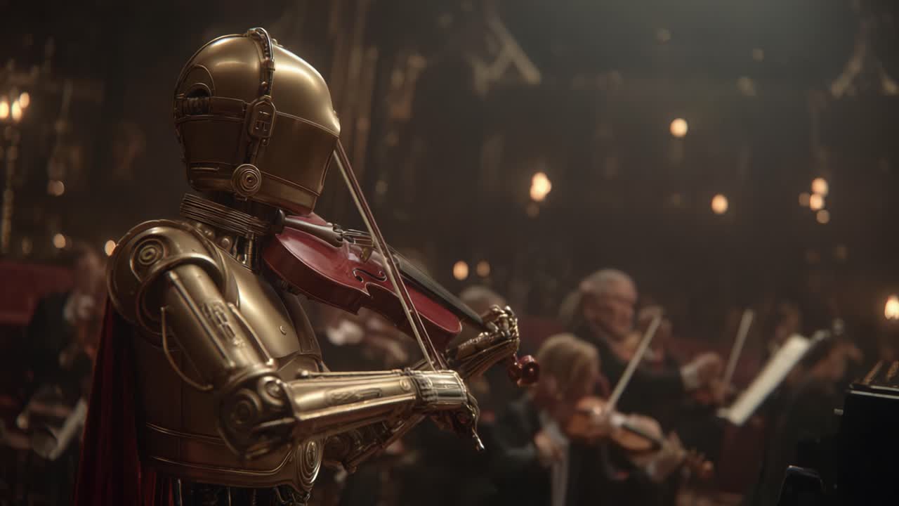 A Unique Symphonic Performance Featuring a Gold-Plated Droid Playing the Violin Amidst an Orchestra of Musicians in a Grand Concert Hall Setting
