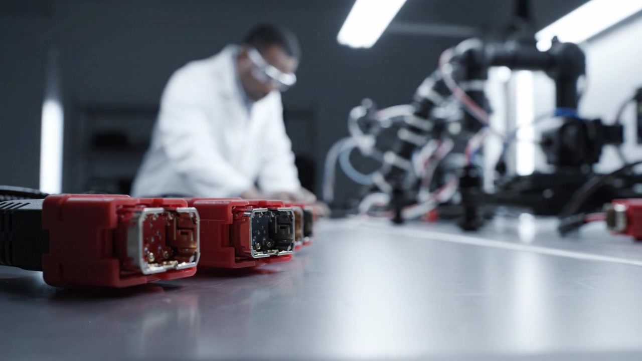 Inspection and Assembly Process of Electronic Components with Focus on Red Connectors in a Laboratory Environment with a Technician at Work