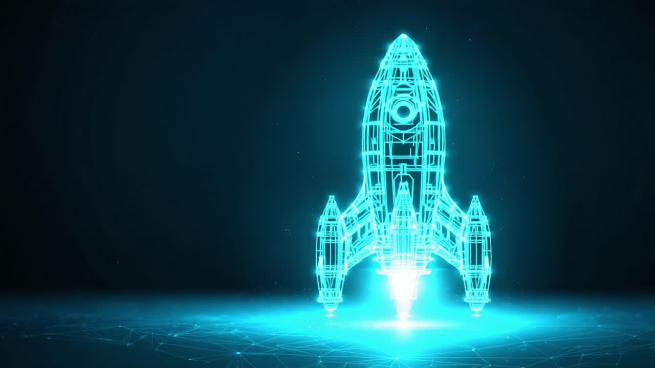 Futuristic digital hologram of a rocket taking off from a plexus surface, symbolizing startup launch, technological innovation, and scientific advancement on a dark blue glowing background
