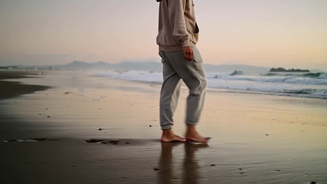 En voksen iført hættetrøje og grå joggingbukser løfter hælen under en morgentur langs vådt sand og efterlader aftryk.