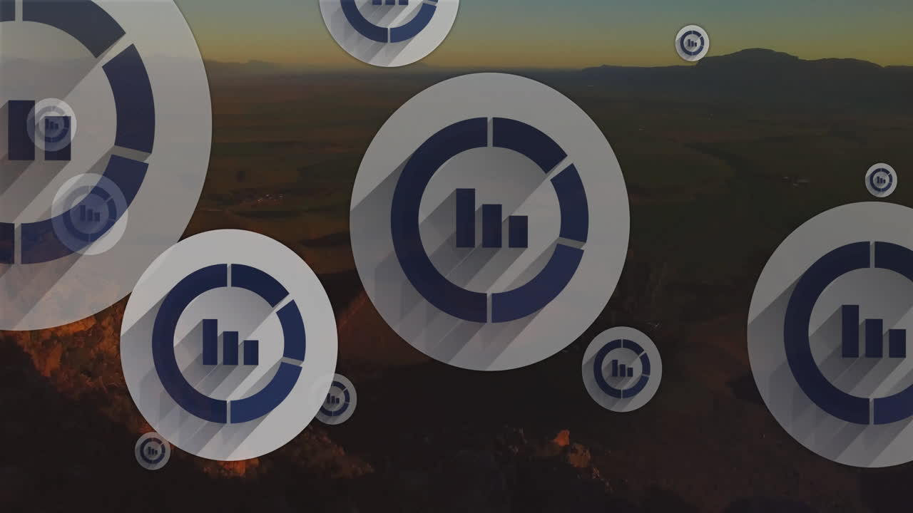 animación de círculos con diagramas sobre el paisaje