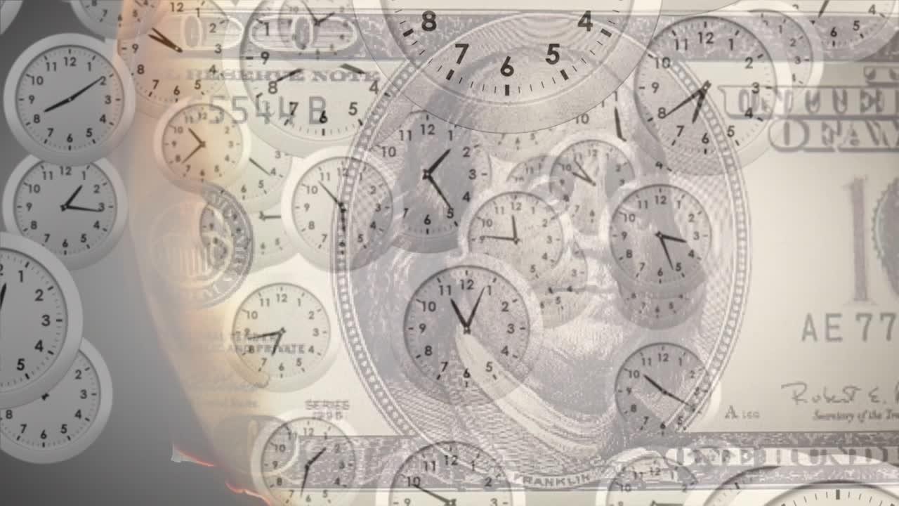 Animation of clocks moving over banknotes