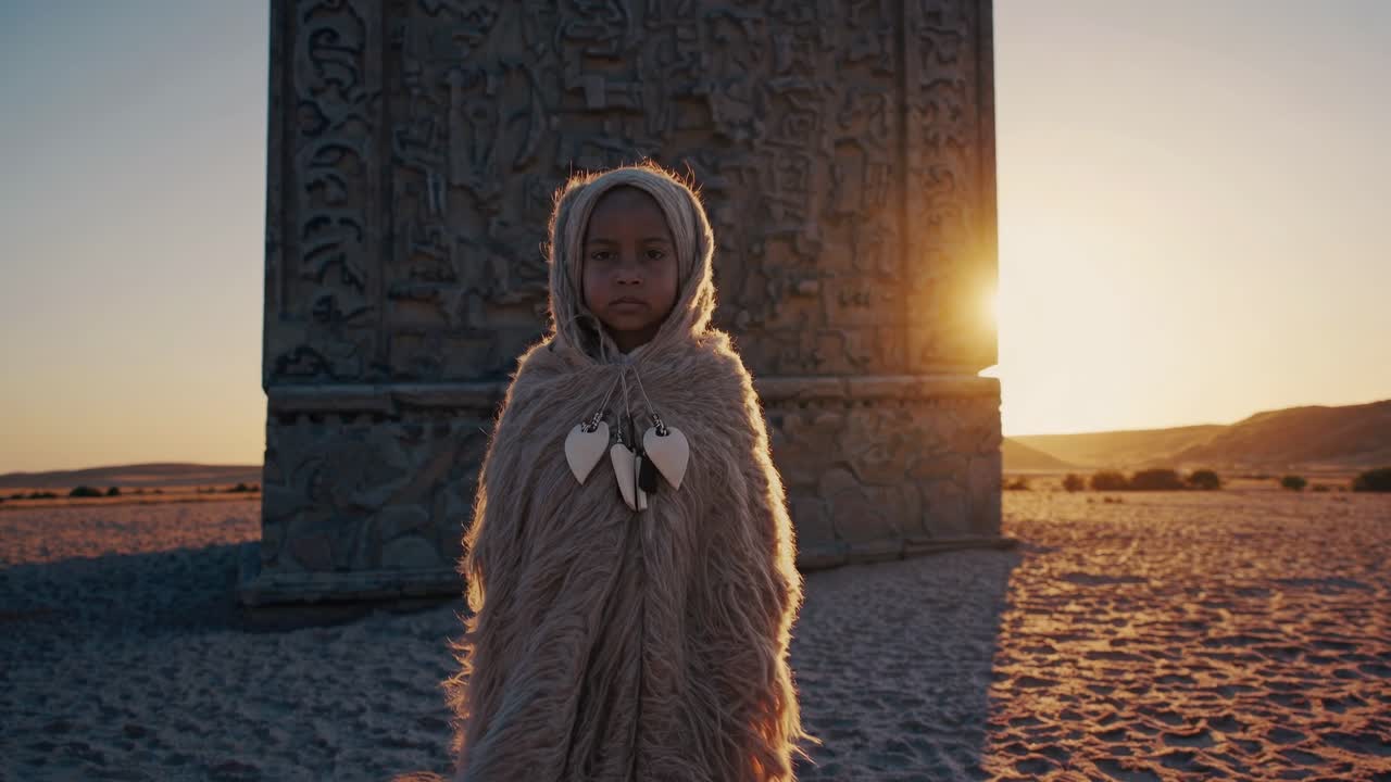 Young girl in a cozy fur cloak stands confidently in front of a monumental structure at sunset, embodying strength and serenity in a vast desert landscape