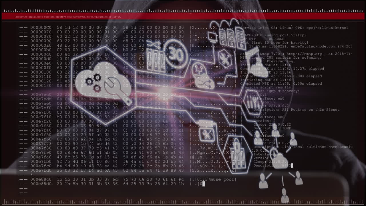 Network of digital icons over screen with data processing against male hacker using computer