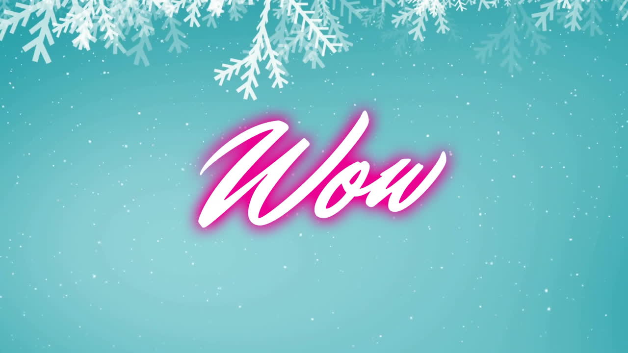 Animation of wow text in pink with snowflakes on teal background