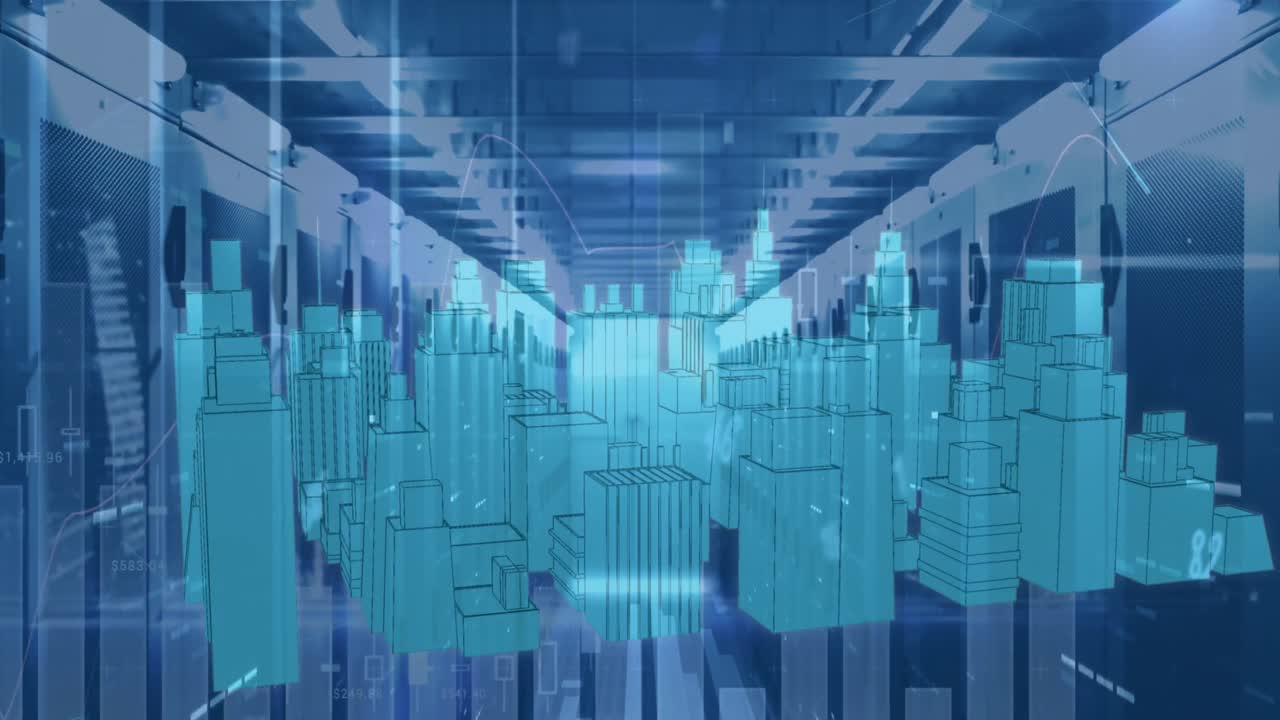 디지털 도시와 서버 의 모양의 애니메이션.