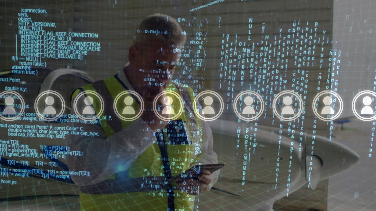 Animation of data processing and icons over caucasian male worker using tablet
