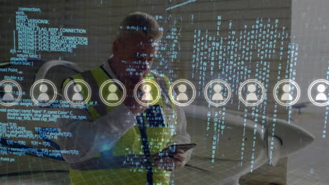 animación de procesamiento de datos e iconos sobre trabajador masculino caucásico usando tableta