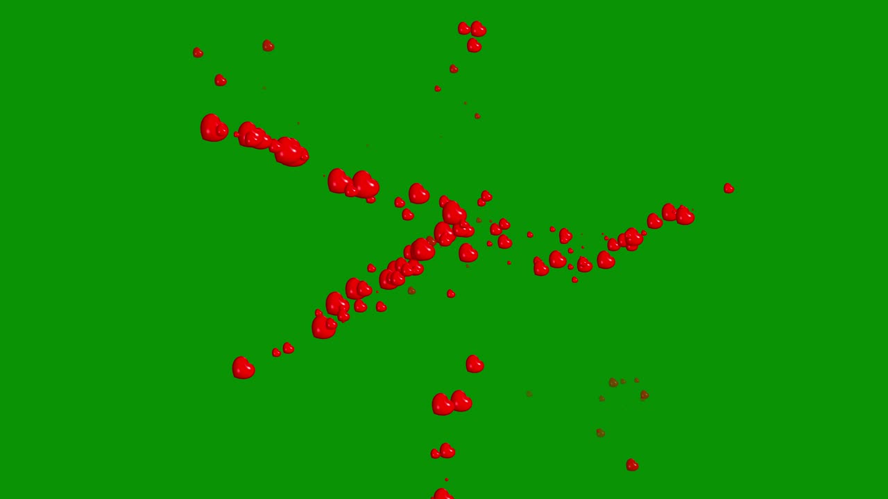 красные сердца, движущаяся графика с зеленым фоном.
