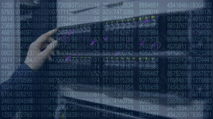 Animation of purple lines and data processing over hand of caucasian woman in server room