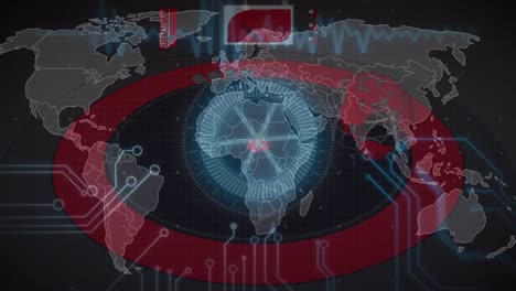 Animation-of-globe-spinning-over-round-scanner-against-world-map-and-microprocessor-connections