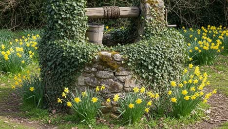A Serene Garden Scene Featuring a Rustic Well Adorned with Green Ivy and Surrounded by Vibrant Yellow Daffodils, Showcasing Nature&#039;s Beauty and Tranquility