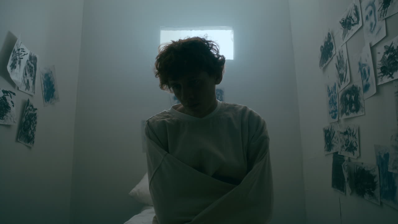 Depressed Man in Straitjacket Sitting in Seclusion Room at Psychiatric Hospital