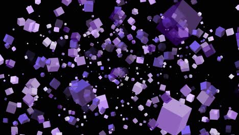 3d floating flying spinning cube shape square animation movement in space on black background visual effect geometric pattern colour purple