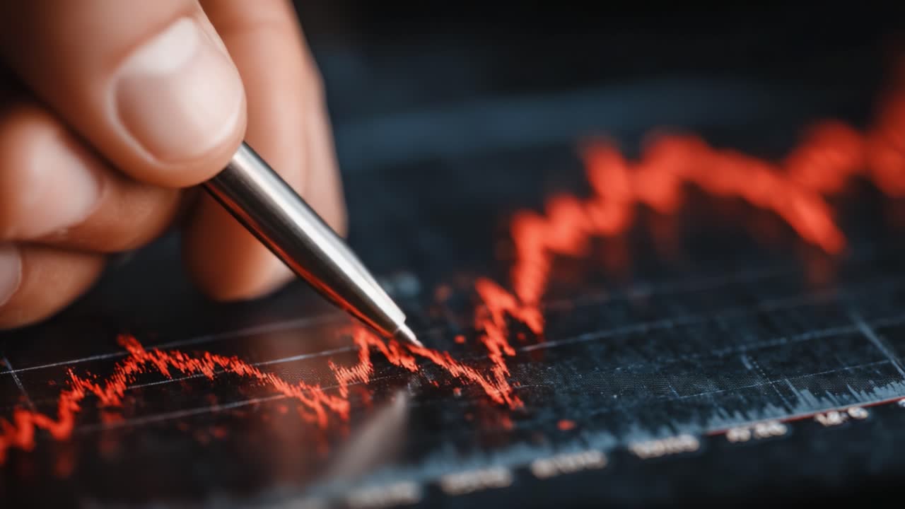 Analyzing Financial Data: A Close-Up of a Hand Holding a Pen Over a Rising Line Graph, Representing Trends in Market Performance and Data Analysis
