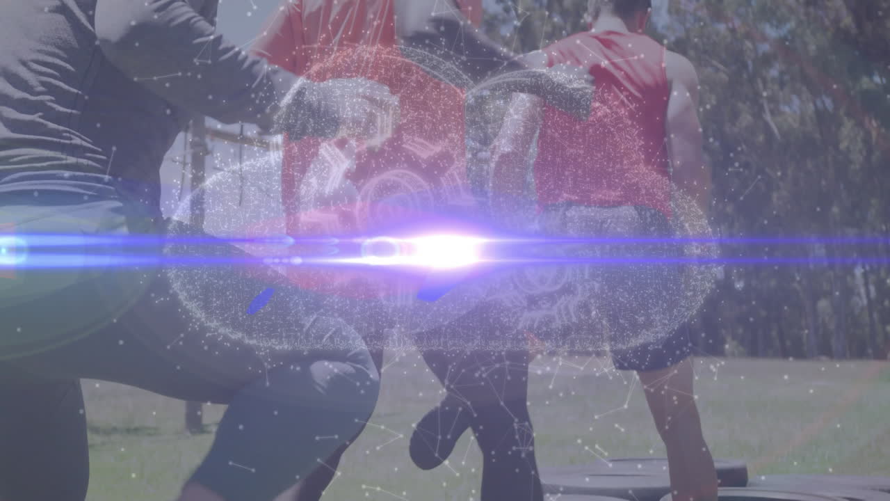 Running athletes with digital brain animation overlay in futuristic setting