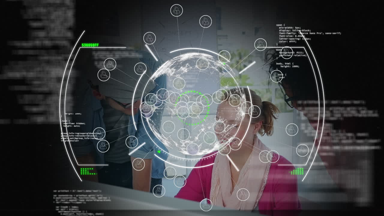 animación de globo y datos diversos sobre un grupo de diversos compañeros de trabajo masculinos y femeninos en la oficina