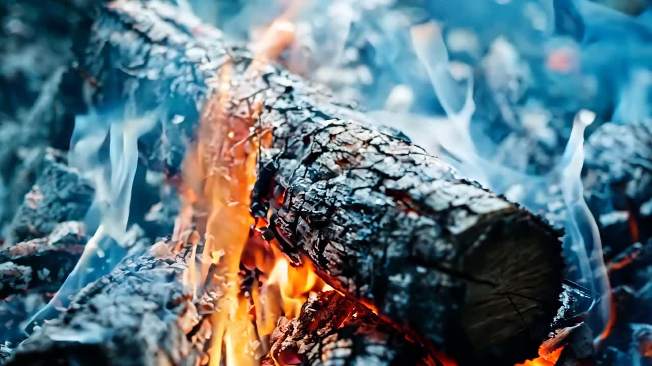 キャンプファイアで燃えている火のクローズアップ