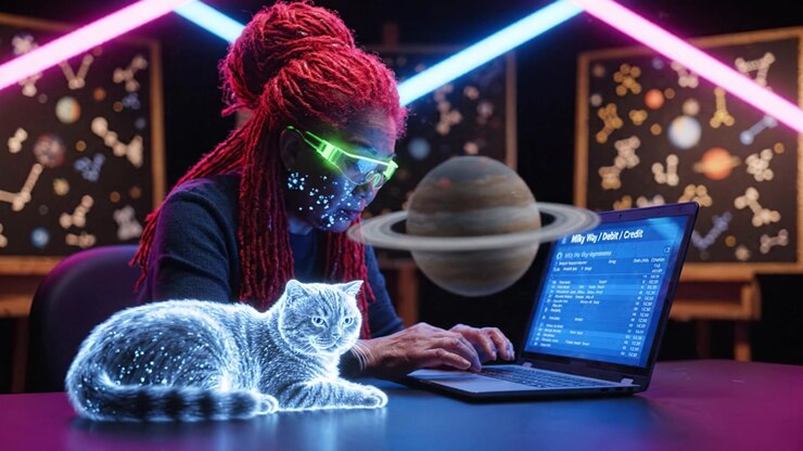 A futuristic scene of a person engaged in digital interaction, surrounded by glowing numbers and planets, with a luminescent cat quietly observing the advanced technology.
